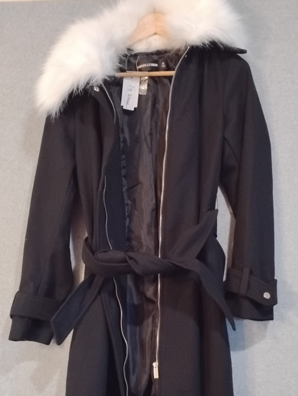 Black Coat with White Faux Fur Collar and Waist Tie